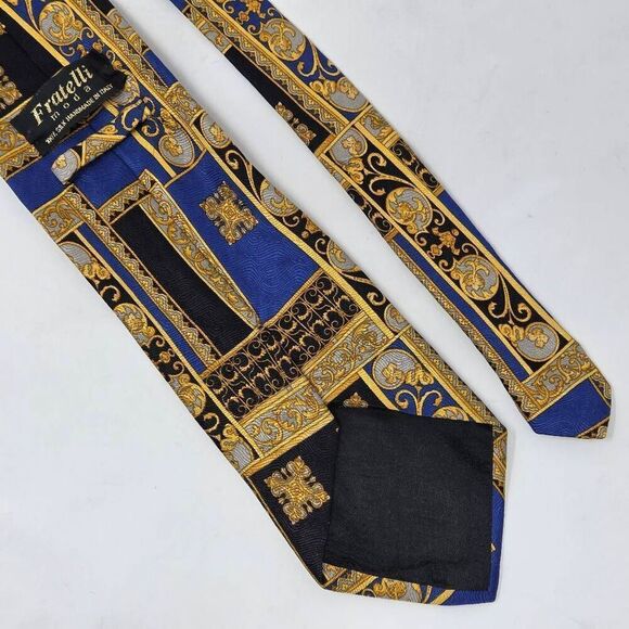 FRATELLI MODA ITALY HANDMADE SILK TIE GOLD BLUE BLACK BAROQUE LUXURY 4" X 60" - Picture 2 of 3